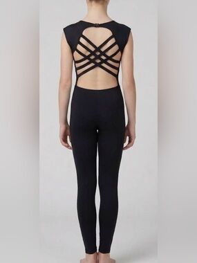 Black Strappy Mesh Cutout Dance Gymnastics Recital Jumpsuit Bodysuit S/M